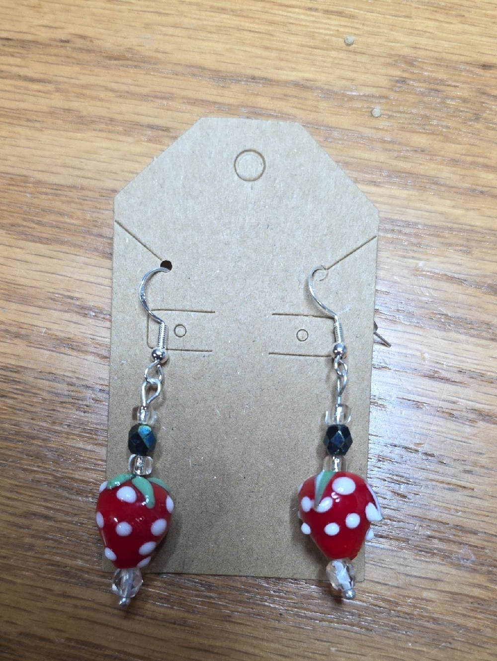 Handmade Red Polka Dot Strawberry Glass Drop Earrings .925 Hooks